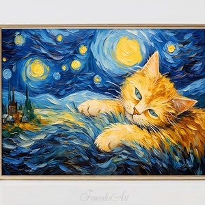 Orange Cat Style Van Gogh Print Home Decor Wall art Starry Night Oil Painting Canvas Reproduction Artwork Poster Cat Lover Gift