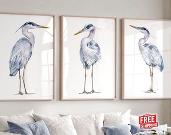 Great Blue Heron Bird Prints Coastal Wall Art Nautical Wall Decor Beach House Decor Watercolor Painting Large Ocean Picture Set of 3 Artwork