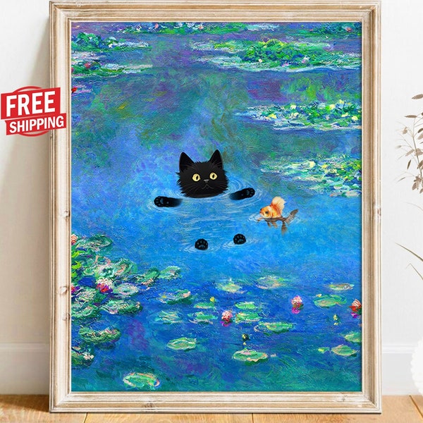 Black Cat Gifts Claude Monet Print Cute Funny Wall Art, Water Lilies Poster Kitten Oil Painting Canvas Pet Drawing Lover Bedroom Wall Decor