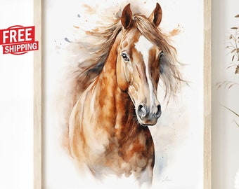 Watercolor Horse Print Wall Art On Canvas, Pony Painting Equestrian Poster Wild Equine Portrait Stallion Home Decor Brown Horse Lover Gift