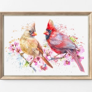 Bird wall art print Cardinal painting WATERCOLOR drawing, Colorful wall decor Love birds artwork Couples gift Canvas poster Romantic picture
