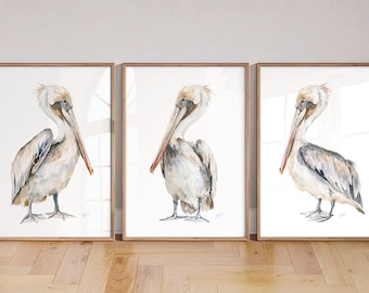 Coastal Pelican Wall Art, 3 Bird Prints, Japandi Wabi Sabi Modern Painting, Nautical Beach Decor