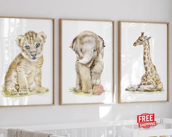 Nursery Prints Animal Wall Art, Safari Nursery Decor, Jungle Pictures Gift, Baby Boy Kids Poster Elephant Painting Lion Artwork
