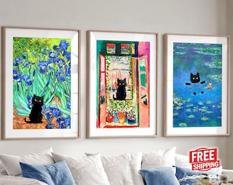Black Cat Prints Monet Van Gogh Matisse Wall Art Oil Painting Poster Set Of 3, Cute Cat Lover Gifts Water Lilies Irises Funny Cat Home Decor