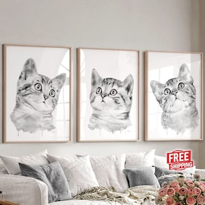 Grey cat painting Tabby cat decor Nursery wall art prints of original watercolor artwork Funny cat poster Cat lover gift Pet pictures