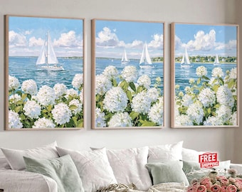 Coastal Sailboat Wall Art Prints, Nantucket Hydrangeas Painting, 3 Nautical Beach Decor, Cottagecore Ocean Set