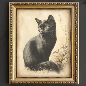 Black Cat Art Print, Watercolor Painting Old Vintage Style, Whimsical Wall Decor Cute Cat Lover Gift Canvas Retro Artwork Antique Pet Poster