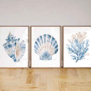 May include: A set of three vertical wall art prints featuring watercolor illustrations of marine life. The left print shows a blue and white conch shell, the center print displays a blue and white scallop shell, and the right print depicts blue coral.