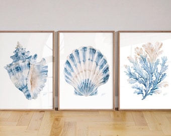 Seashell Wall Art Prints, Coastal Shell Watercolor Painting, Ocean Beach Decor, Set of 3