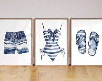 Vintage Swimsuit Wall Art - 3 Prints, Coastal Beach Swimming Pool Party Decor, Watercolor Summer