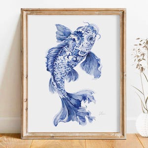 Chinoiserie Fish Wall Art Print – Coastal Painting, Blue Nautical Canvas Poster, Beach House Kitchen Decor, Ocean Seafood Watercolor Artwork
