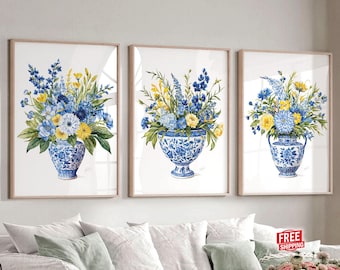Chinoiserie Wall Art Prints: Cottagecore Decor, Blue Vase Watercolor Painting, Wildflower Floral Botanical Set