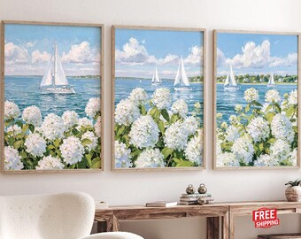 Coastal Sailboat Wall Art Prints, Nantucket Hydrangeas Painting, 3 Nautical Beach Decor, Cottagecore Ocean Set
