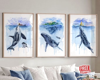 Whale art set of 3 Whale print Ocean nursery decor boy Orca whale wall art Watercolor painting Baby girl gift Kids pictures Nautical artwork