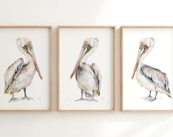 Coastal Pelican Wall Art, 3 Bird Prints, Japandi Wabi Sabi Modern Painting, Nautical Beach Decor
