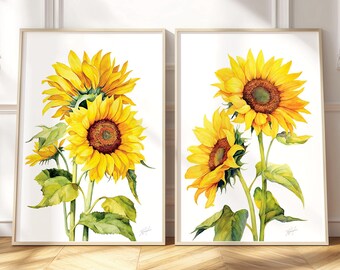 2 Sunflower Wall Art Prints, Flower Watercolor Painting, Floral Botanical Decor, Cottagecore Farmhouse Gift
