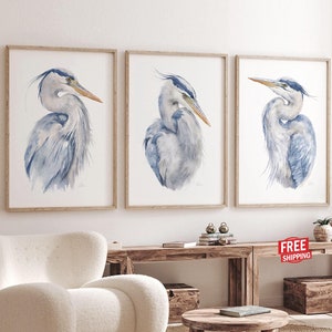 Watercolor Coastal Wall Art Prints Great Blue Heron Three Large Birds Painting, Bedroom Wall Decor Beach House Hamptons Modern Nautical Set