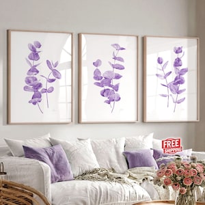 Purple Wall Decor Living Room Bathroom Wall Art Set of 3 Eucalyptus Prints Gifts for Home Decor Boho Bedroom Poster over the Bed
