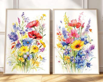 Wildflower Floral Prints Set, Two Piece Wall Art, Flower Painting, Botanical Watercolor Cottagecore Decor