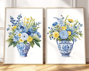 Chinoiserie Flower Wall Art Prints, Large Floral Painting, Farmhouse Cottagecore, Blue Vase Botanical Decor