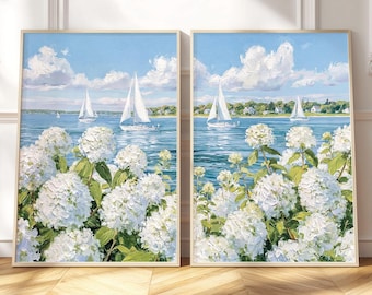 Sailboat Wall Art Prints, Coastal Grandmother Hydrangea Painting, Nantucket Beach Decor, Grandmillennial Ocean Artwork