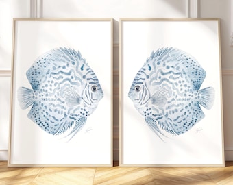 Discus Fish Wall Art Prints Coastal Nautical Beach House Decor, Watercolor Painting Large Ocean Posters Blue Marine Gift Set of 2 Pictures