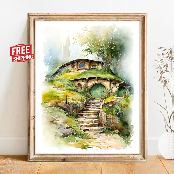 The Hobbit Art Hole Print Lord Of The Rings LOTR Poster Hobbitcore Decor WATERCOLOR Bag End Painting Door Image The Shire Tolkien Gift