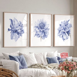 Navy blue wall art set of 3 dahlia prints, Farmhouse wall decor Living room Wall decor bedroom Over the bed Above bed art Flower gifts