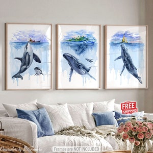 Whale art set of 3 Whale print Ocean nursery decor boy Orca whale wall art Watercolor painting Baby girl gift Kids pictures Nautical artwork