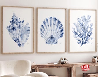 Shell Wall Art Prints, Coastal Nautical Seashell, Navy Blue Ocean Beach Decor, Watercolor Painting