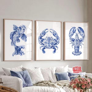 Coastal Wall Art Prints – Chinoiserie Painting Set of 3 – Blue Watercolor Ocean Beach Decor: Fish, Crab, Lobster, Large Nautical Sea Artwork
