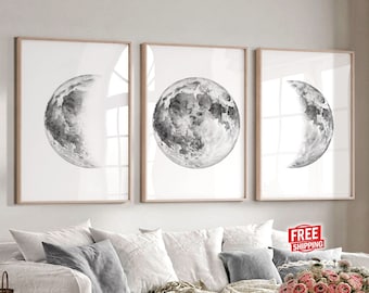Moon print Moon wall decor Bedroom wall decor Living room wall decor Set of 3 wall art Apartment decor, Celestial watercolor Moon art print