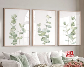 Eucalyptus prints Bathroom wall decor farmhouse Botanical poster set of 3 Piece wall art Above couch Plant artwork Sage green Gift for walls