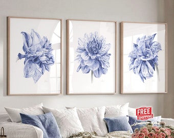 Navy blue wall art set of 3 dahlia prints, Farmhouse wall decor Living room Wall decor bedroom Over the bed Above bed art Flower gifts