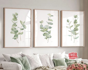 Set Of 3 Green Watercolor Eucalyptus Prints, Minimalist Bedroom Wall Decor Living room Wall Art Over The Bed Plant Poster Above Bed Artwork