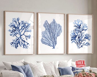 Coral Seaweed Print Nautical Wall Decor Bedroom Navy Blue Wall Art Scandinavian Beach House Gift Large Coastal Poster Minimalist Artwork