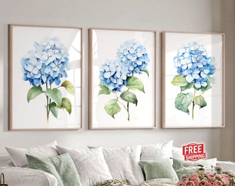 Watercolor Light Blue Hydrangea Set for Modern Homes, Minimalist Artwork Set of 3 Prints, Botanical Fine Art Posters Hamptons Wall Decor