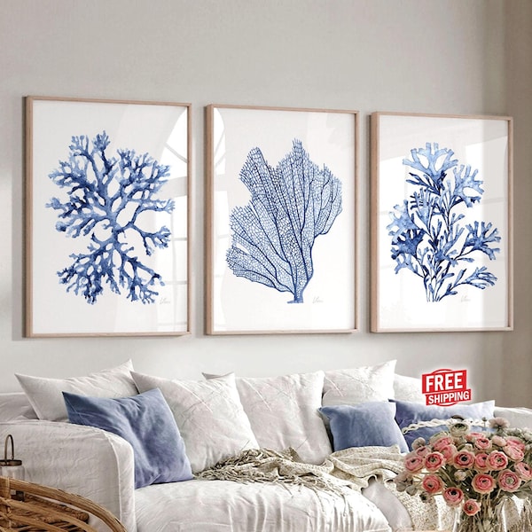 Láminas de arte costero para pared: decoración de coral, acuarela de playa oceánica, conjunto botánico náutico azul.
