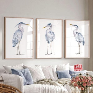 Great Blue Heron Bird Prints Coastal Wall Art Nautical Wall Decor Beach House Decor Watercolor Painting Large Ocean Picture Set of 3 Artwork