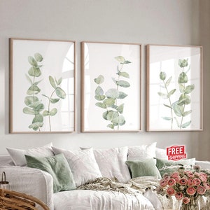 Eucalyptus prints Bathroom wall decor farmhouse Botanical poster set of 3 Piece wall art Above couch Plant artwork Sage green Gift for walls
