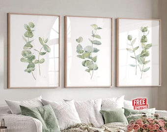 Set Of 3 Green Watercolor Eucalyptus Prints, Minimalist Bedroom Wall Decor Living room Wall Art Over The Bed Plant Poster Above Bed Artwork