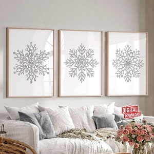 Christmas Printable Snowflake Wall Art Prints, Holiday Home Decor Xmax Wall Decor Set Winter Decoration Minimalist Grey Boho Neutral Poster