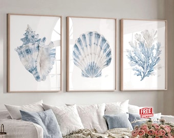 3 Seashell Wall Art Prints, Coastal Nautical Shell, Ocean Beach Decor, Watercolor Painting