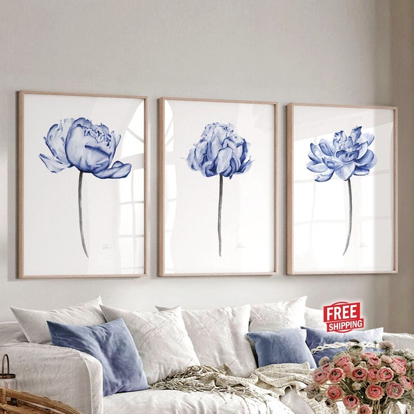 Navy Blue Wall Art Bedroom Wall Decor Living Room Above Bed Painting Peony Flower Prints Minimalist Artwork Posters Home Decor Gift