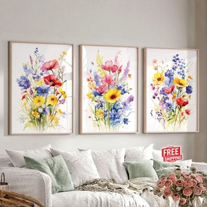 Set Of 3 Colorful Watercolor Flowers Wall Art Prints, Wildflower Painting Bedroom Wall Decor Living Room Wall Art Three Plants Floral Poster