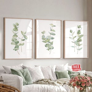 Set Of 3 Green Watercolor Eucalyptus Prints, Minimalist Bedroom Wall Decor Living room Wall Art Over The Bed Plant Poster Above Bed Artwork