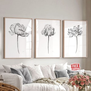 Black and white wall art Bedroom wall decor Living room print Above Over the bed Large peony artwork Modern farmhouse Boho painting