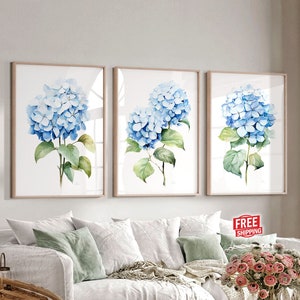 Watercolor Light Blue Hydrangea Set for Modern Homes, Minimalist Artwork Set of 3 Prints, Botanical Fine Art Posters Hamptons Wall Decor