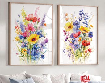 Set of 2 Wildflower Wall Art Prints – Floral Painting, Colorful Watercolor Flowers, Nursery Decor