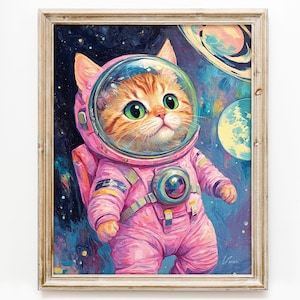 Funny Cat Wall Art Print – Oil Painting, Whimsical Animal Pink Cute Astronaut Cat Lover Gift, Large Canvas Nursery Decor, Girl Room Decor